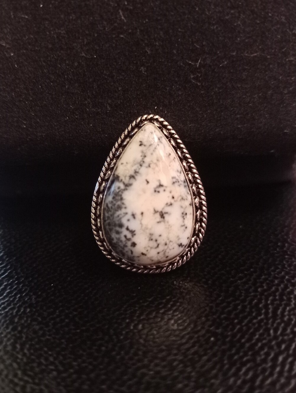 Natural Teardrop Dendritic Opal Silver Ring Sz 7.75